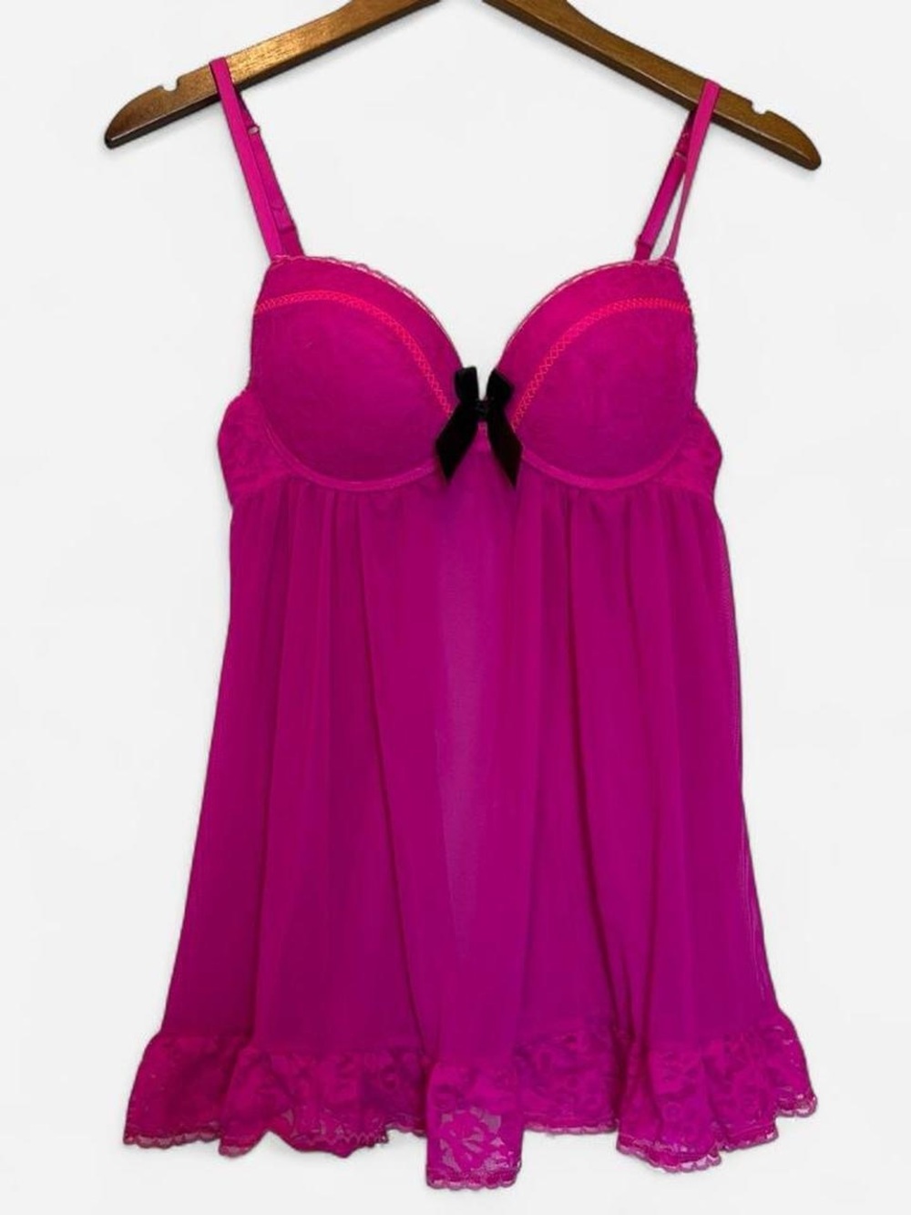 Magenta Lace-Trim Babydoll Chemise with Black Bow Accent